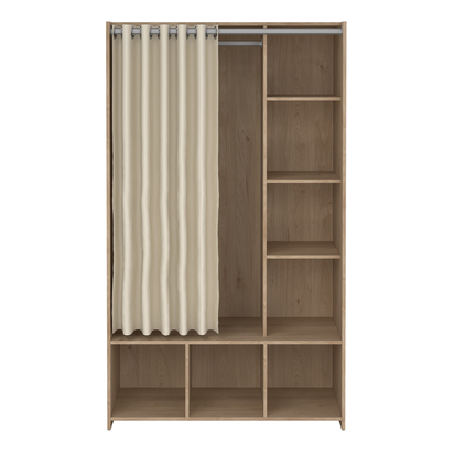 Kingston 3 Open Wardrobe Unit in Jackson Hickory Oak with a Beige Textile Curtain