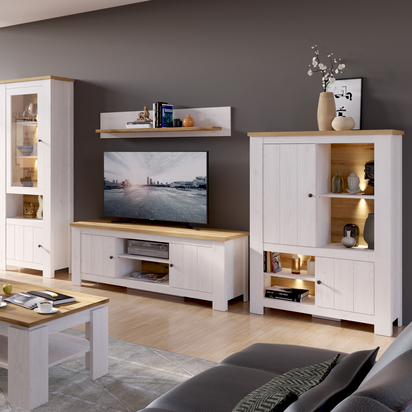 Loxley 2 Door 4 Shelves Display Cabinet inc. 2x LED Lights in White and Oak