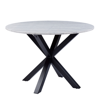 Heaven Round Dining Table with White Polished Marble Top 110cm includes 4 I_Oregon Dining Chairs In Black with Cream Stitching