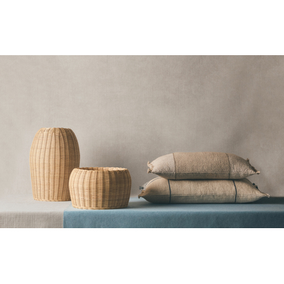 Eron beige and blue checked linen cushion cover with fringing 40 x 60cm