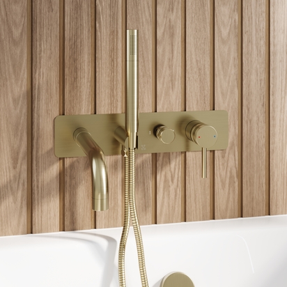 Core Wall Mounted Bath Shower Mixer, Handset & Hose - Brushed Brass