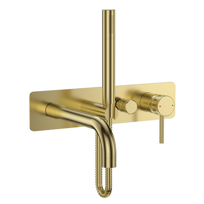 Core Wall Mounted Bath Shower Mixer, Handset & Hose - Brushed Brass
