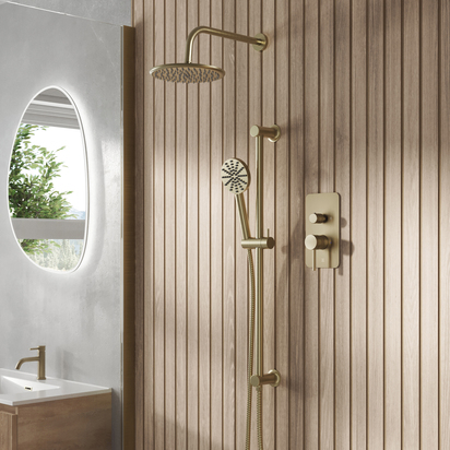 Core Shower Package, 2 Outlet Manual Valve, Smooth Shower Head & Fluted Slide Rail Kit - Brushed Brass
