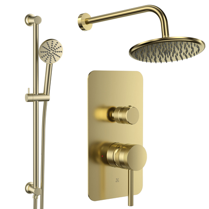 Core Shower Package, 2 Outlet Manual Valve, Smooth Shower Head & Fluted Slide Rail Kit - Brushed Brass