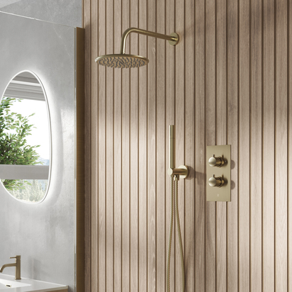 Core Concealed Thermostatic Valve, Fixed Head & Shower Handset Kit - Brushed Brass
