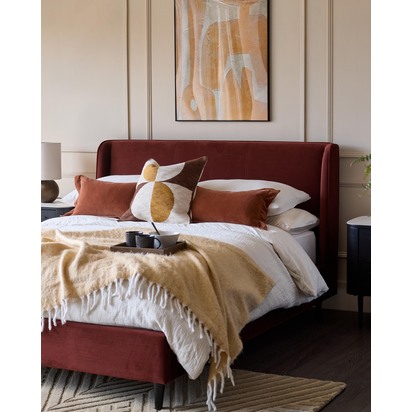 Paolo Toffee Red Recycled Velvet King Bed | Tall Winged Headboard Design | Low Footboard Design | Danetti