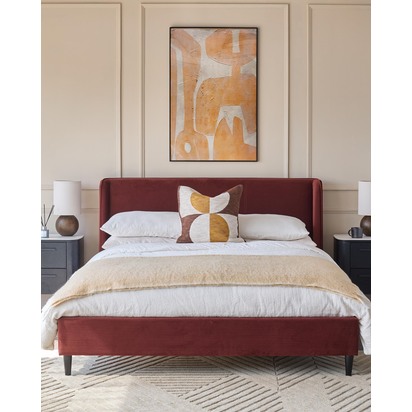 Paolo Toffee Red Recycled Velvet King Bed | Tall Winged Headboard Design | Low Footboard Design | Danetti