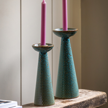 Alder Ceramic Candle Stick Teal Glaze (Set of 2)