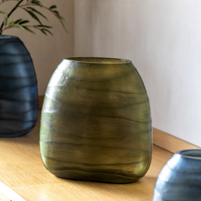 Kingsdale Handblown Carved Glass Vase Olive  - Large