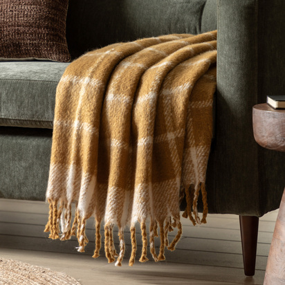 Studio Poly Faux Mohair Check Throw Mustard 1300x1500mm