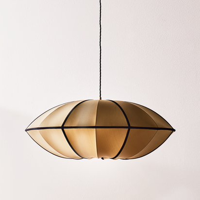 Large UFO pendant shade in taupe silk with black tape