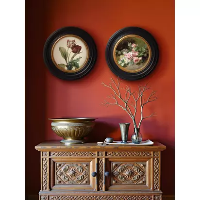 Brookpace Lascelles 'Roses & Daisies' Round Porthole Framed Print, 43cm, Multi Black Multi | 43 x 43 x 4.2cm