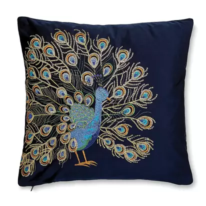 Navy Embroidered Peacock Cushion
