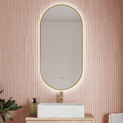 Billy LED Oval Brushed Brass Framed Mirror with Demister Pad & Colour Change Lights - 500 x 1000mm