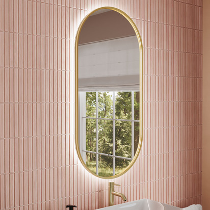 Billy LED Oval Brushed Brass Framed Mirror with Demister Pad & Colour Change Lights - 500 x 1000mm