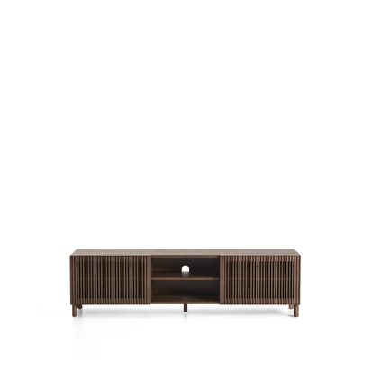 Beyla TV stand with 2 doors in ash veneer and solid ash wood with walnut-tone finish 180 x