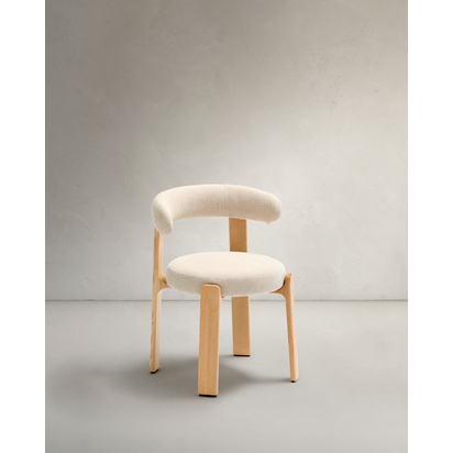Granite fire-retardant chair in beige chenille and solid ash wood with natural-coloured fi