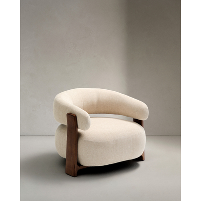 Granite fire-retardant armchair in beige chenille and solid ash wood with walnut-coloured