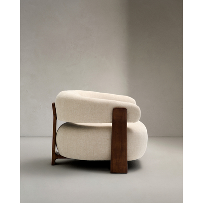 Granite fire-retardant armchair in beige chenille and solid ash wood with walnut-coloured