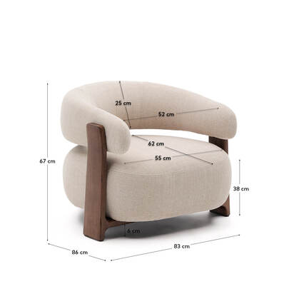 Granite fire-retardant armchair in beige chenille and solid ash wood with walnut-coloured