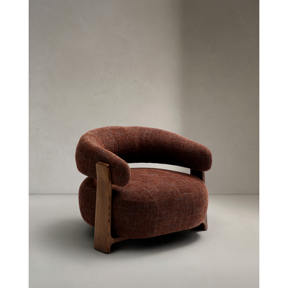 Granite fire-retardant armchair in brown chenille and solid ash wood with walnut-coloured