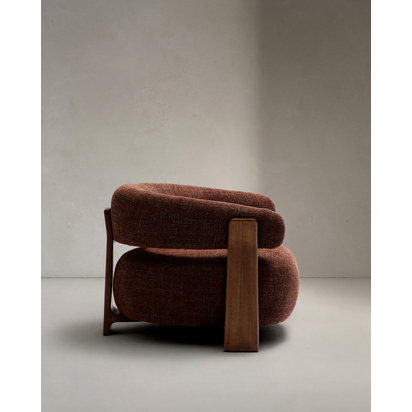 Granite fire-retardant armchair in brown chenille and solid ash wood with walnut-coloured