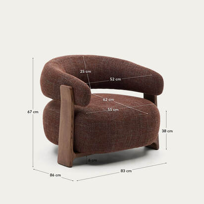 Granite fire-retardant armchair in brown chenille and solid ash wood with walnut-coloured