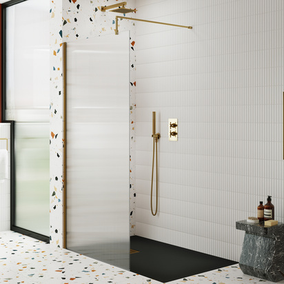 Harbour Contour Fluted Brushed Brass Glass Screen for Walk in Shower & Wetrooms - 1000mm