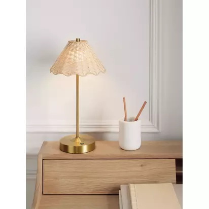 John Lewis Nellie Rechargeable Portable Rattan Indoor/Outdoor Table Lamp Brass | H20.30 x W20.30 x D20.30cm