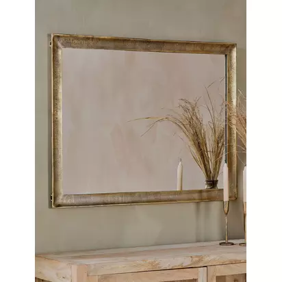 nkuku Yadur Large Rectangular Wall Mirror, 100 x 76cm, Antique Brass Antique Brass | H100 x W76 x D2.50cm
