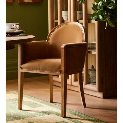 OKA | Wilbur Velvet Dining Chair - Dark Weathered Oak/Caramel | Luxury Dining Chairs & Sets