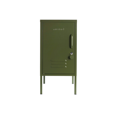 Mustard Made | The Shorty - Storage Locker in Olive Green to the Left | Metal Bedside Table
