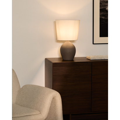Viona large table lamp with textured stone effect and cotton lampshade UK adapter