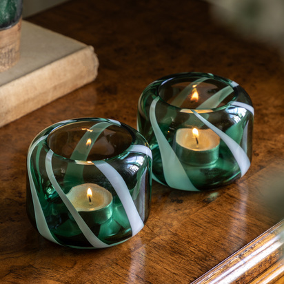 Studio Candy Stripe Tealight Holder S/2 Green100x100x75mm