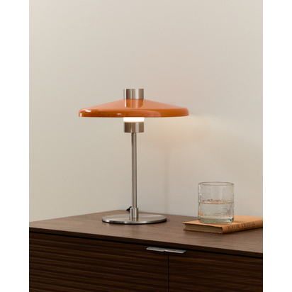 Nuvira table lamp in light grey brushed metal and orange lampshade UK adaptor