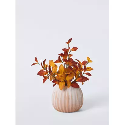 John Lewis Artificial Autumnal Leaf Plant in Ribbed Ceramic Pot, H28cm, Orange Multi | H28 x W18 x D18cm