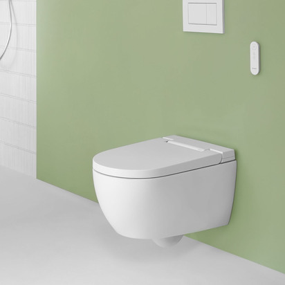 Geberit AquaClean Alba Rimless Wall Hung Smart Toilet with Wrap Over Soft Close Seat & Remote Control