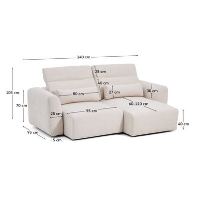 Lares 3-seater sofa with motorised sliding seats and reclining headrest in beige chenille
