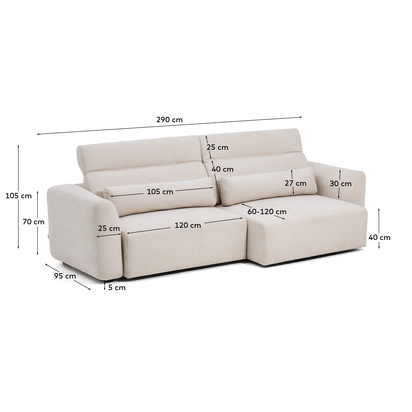 Lares 4-seater sofa with motorised sliding seats and reclining headrest in beige chenille