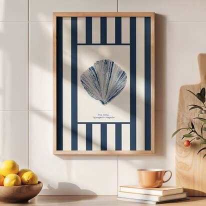 Watercolour Shell Art | Blue Art Fan Shell on Navy Stripe Print - Framed