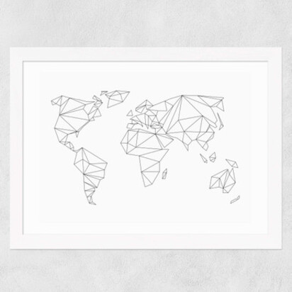 Geometric World Map White 50x70cm Frame Black Narrow (15mm) 