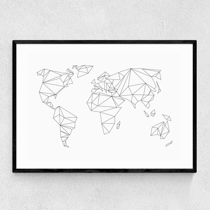 Geometric World Map White 50x70cm Frame Black Narrow (15mm) 