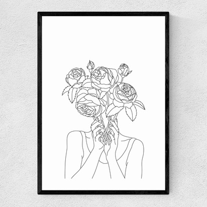 Line Art Flower Head 50x70cm Frame Black Narrow (15mm) 