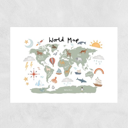 World Map in green A3 (29.7 x 42cm) Unframed 