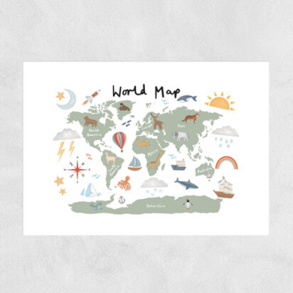 World Map in green 50x70cm Frame Natural Oak Narrow (15mm) 