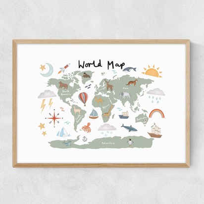 World Map in green 50x70cm Frame Natural Oak Narrow (15mm) 