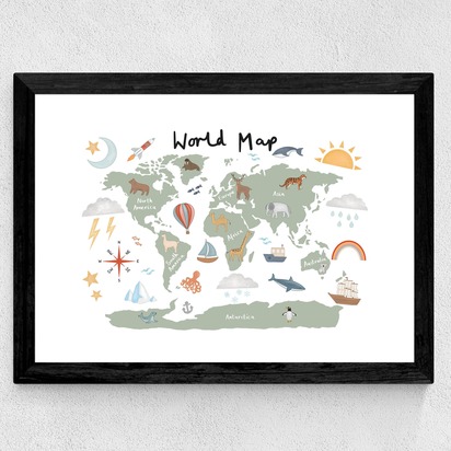 World Map in green 50x70cm Frame Black Wide (35mm) 