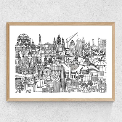 London Jungle Black and White A1 (59.4 x 84.1cm) Frame Natural Oak Medium (22mm) 