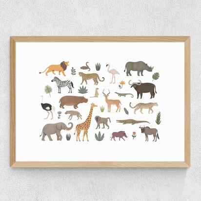 New safari animals A3 (29.7 x 42cm) Frame Natural Oak Medium (22mm) 
