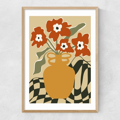 Retro Checkered Flower Pot A1 (59.4 x 84.1cm) Frame Natural Oak Narrow (15mm) 